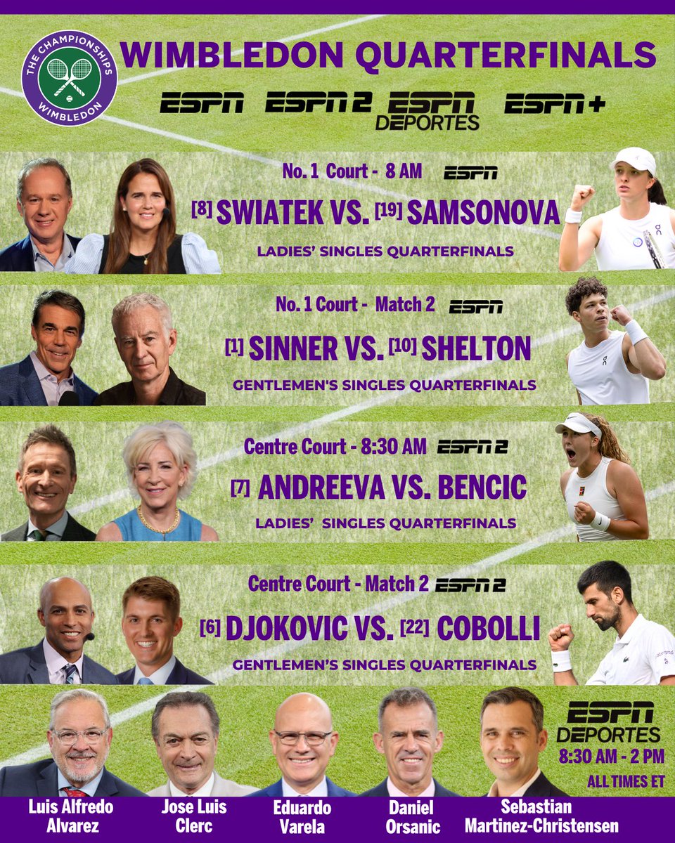 Wednesday, #Wimbledon Quarterfinal action continues across ESPN Platforms

Complete schedule: bit.ly/44gSeI6 |Watch: bit.ly/45xilLk