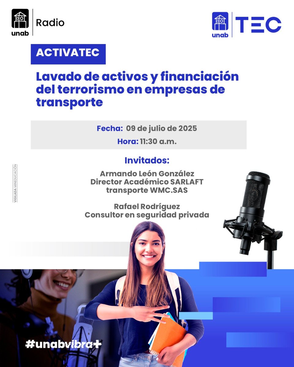 🚛💰 ¿Transporte y lavado de activos?
Este 9 de julio en #Activatec hablamos sobre los riesgos en el sector y cómo prevenirlos.

🎙 11:30 a.m. por UNAB Radio

#UNABTEC #UNABVibra #SARLAFT #SeguridadEmpresarial