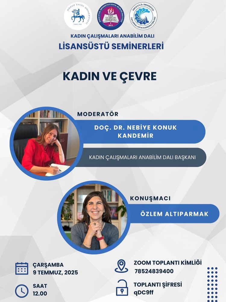 Dokuz Eylül Üniversitesi Kadın Çalışmaları Anabilim Dalı tarafından düzenlenen lisansüstü seminerlerinde Av. Özlem Altıparmak "Çevre Mücadelesinde Kadınlar: Kirazlı ve Gökçealan Köyleri İncelemesi" tez çalışmasını anlatacak. İlgilenen herkesi seminere bekliyoruz! #altıparmakhukuk