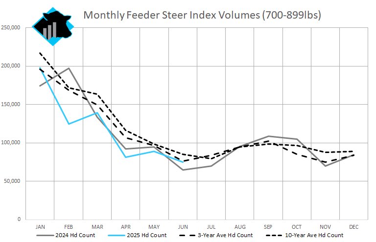 cattlenomics's tweet photo. June CME Index Volumes were 16% higher than last year and 2% below the three year average at 74,789 head. https://t.co/vLLUirM3TB