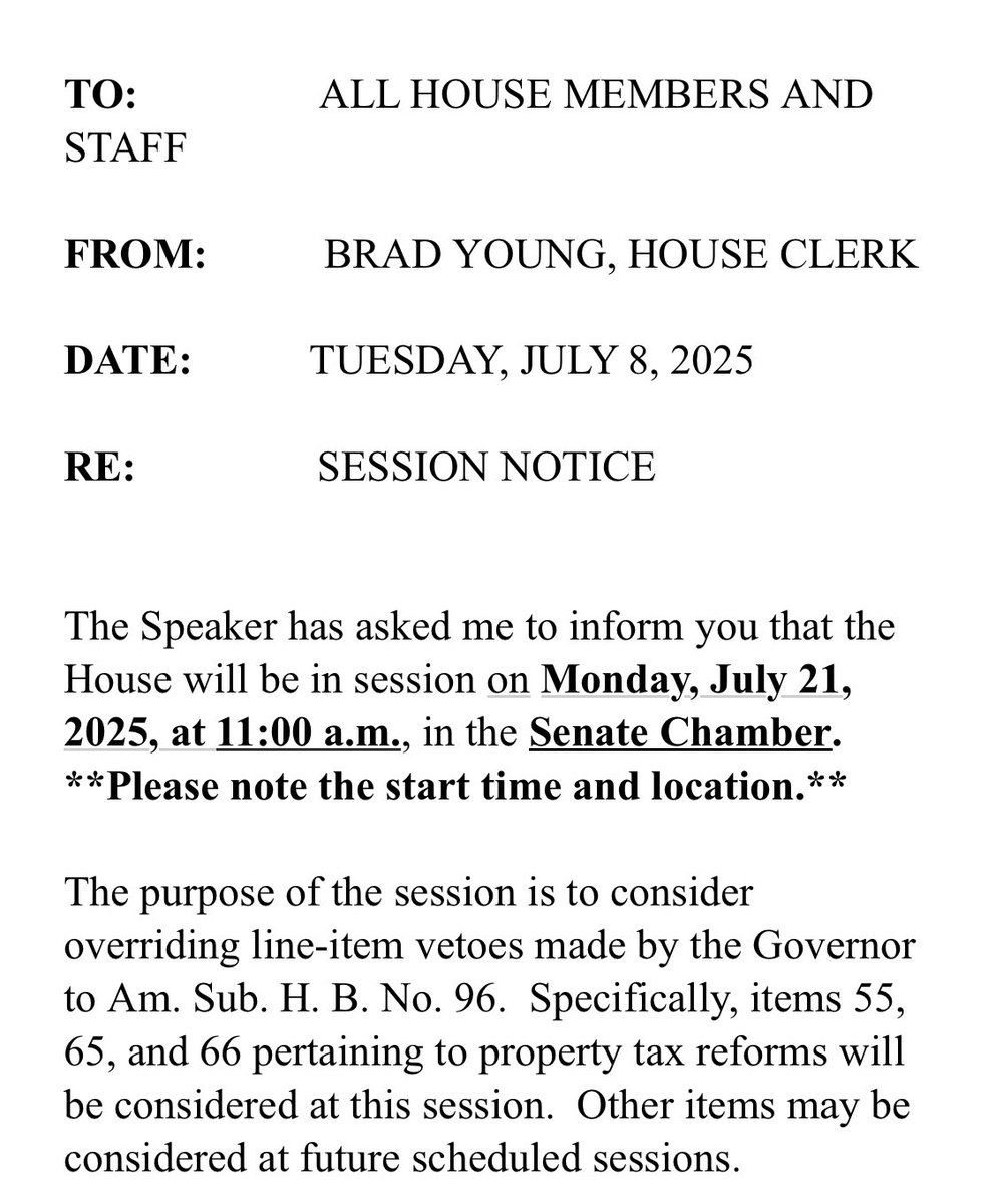 Ohio House lawmakers are gearing up for a potential veto override… aiming specifically at provisions related to property taxes.