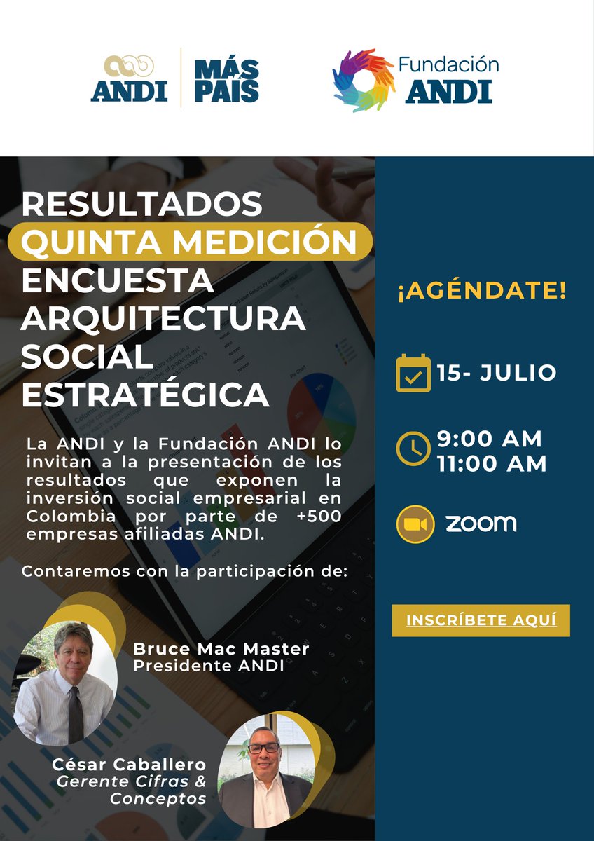 cifrasyconcepto's tweet image. Los invitamos al lanzamiento de la 5ª Encuesta de Arquitectura Social Estratégica.
La @FundacionANDI y @ANDI_Colombia presentan los resultados en un diálogo entre @C_CaballeroR y @BruceMacMaster .
📌 Inscríbete aquí: andi-co.zoom.us/meeting/regist…