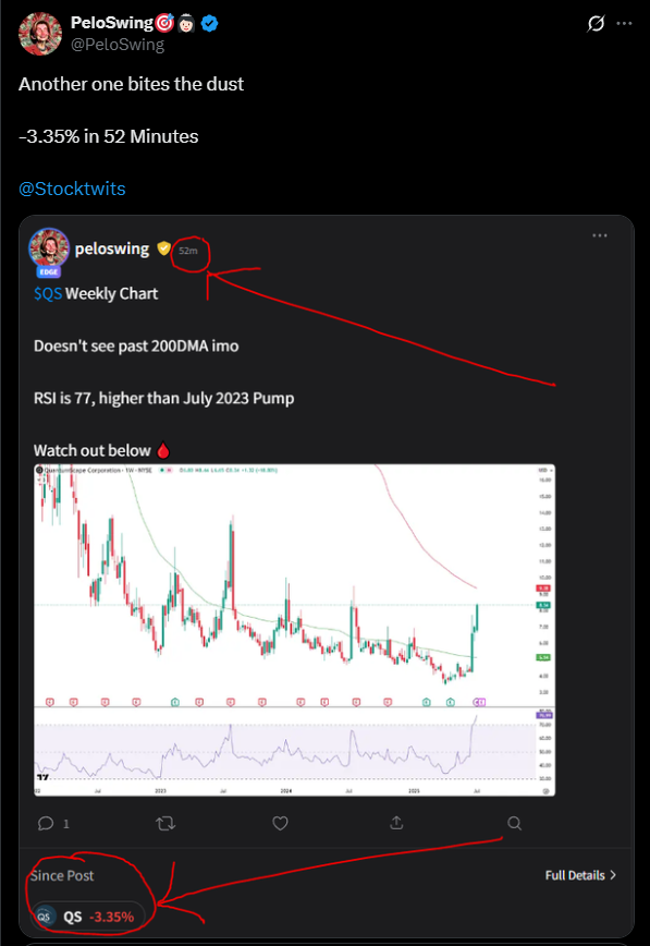 PeloSwing's tweet photo. People Bank keeping an eye on the charts we post...

✅ $OKLO +2.3% in an hour Today
✅ $QS -3.35% in 53 Minutes Today
✅ $IRBT +22.5% in 2 weeks 

And not to mention ✅ $SOXL +142% called out in April Lows

Drop a follow 👇
https://t.co/LXPtfRoHmI

@Stocktwits https://t.co/xTWgtfoJ8z