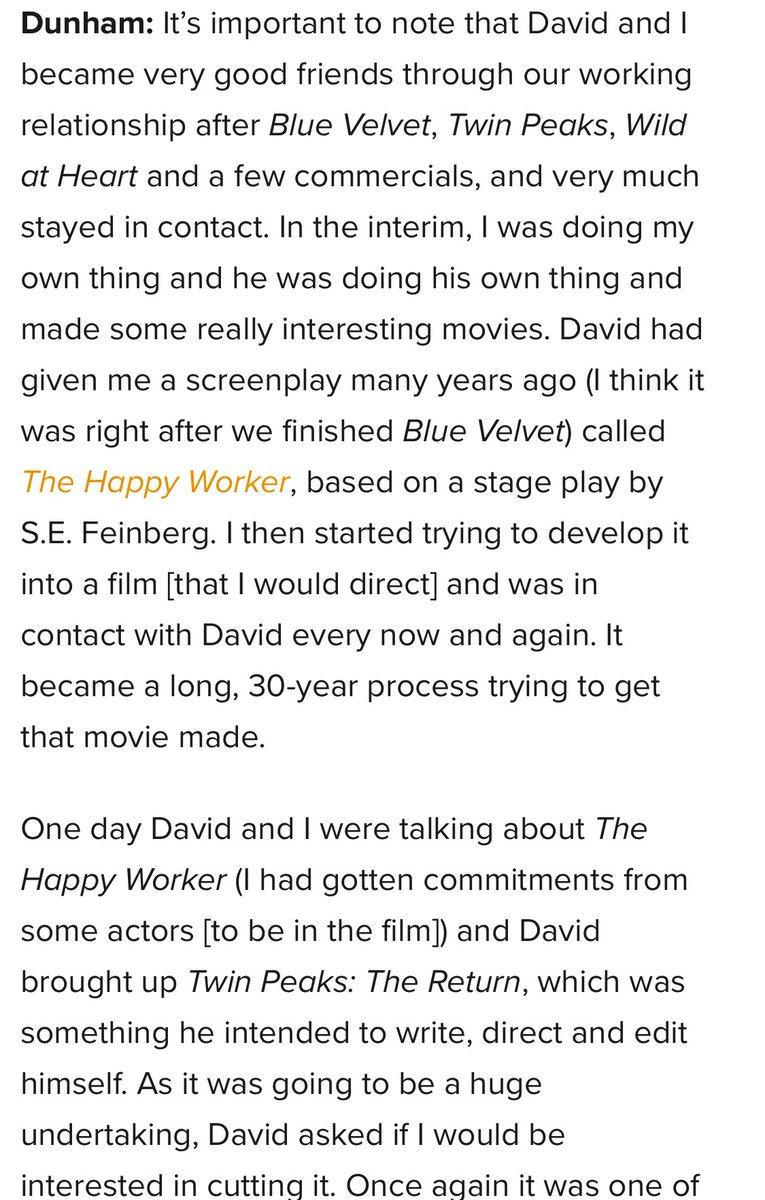 Fwiw: THE LEGEND OF THE HAPPY WORKER (dir. by Twin Peaks editor Duwayne Dunham, exec produced by David Lynch, from a screenplay (by others) Lynch placed in Dunham’s hands after BLUE VELVET) is finally being released, after wrapping filming in 2018. Co-stars Amy Shiels (Candie)…
