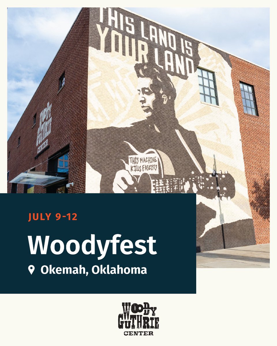 gkff's tweet image. The Woody Guthrie Folk Festival takes place July 9-12 in Okemah, OK, celebrating the life and music of the iconic folk singer. Join @WoodyGuthrieCtr for a creative writing workshop, “All You Can Write is What You See," and write like Guthrie. Learn more: ow.ly/rJCv50WkHxE