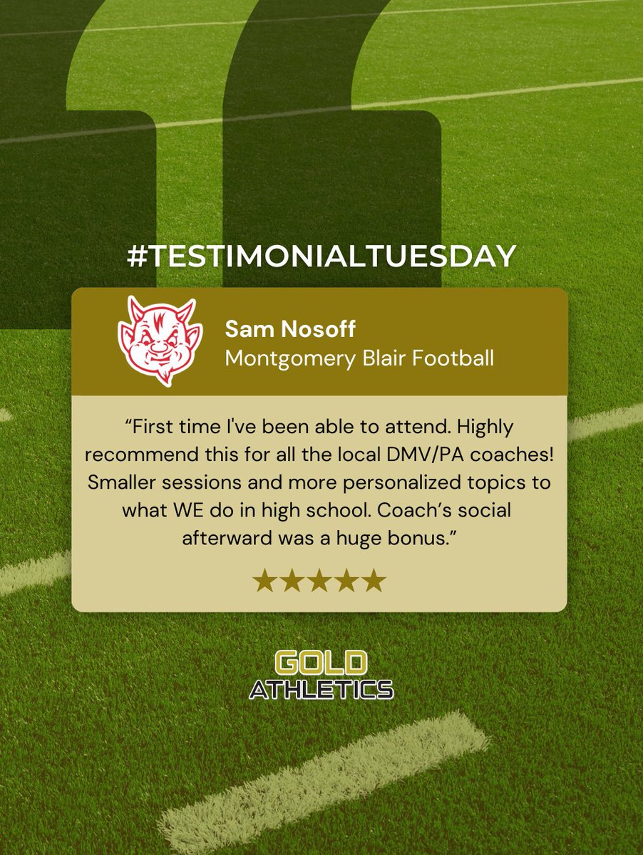 Gold Athletics (@goldathletics) on Twitter photo We're already getting fired up for next year’s #GACoachesClinic — just 6 months away on Friday, January 23, 2026! 🏈📣
📅 Mark your calendar — you won’t want to miss what we have in store! #TestimonialTuesday #GoldAthletics <a href="/Coach_Nosoff/">Sam Nosoff</a> <a href="/GoldAthleticsMd/">Kelly Cunningham</a> <a href="/RobGoldMDDE/">Rob Lunenfeld</a> We're already getting fired up for next year’s #GACoachesClinic — just 6 months away on Friday, January 23, 2026! 🏈📣
📅 Mark your calendar — you won’t want to miss what we have in store! #TestimonialTuesday #GoldAthletics <a href="/Coach_Nosoff/">Sam Nosoff</a> <a href="/GoldAthleticsMd/">Kelly Cunningham</a> <a href="/RobGoldMDDE/">Rob Lunenfeld</a>