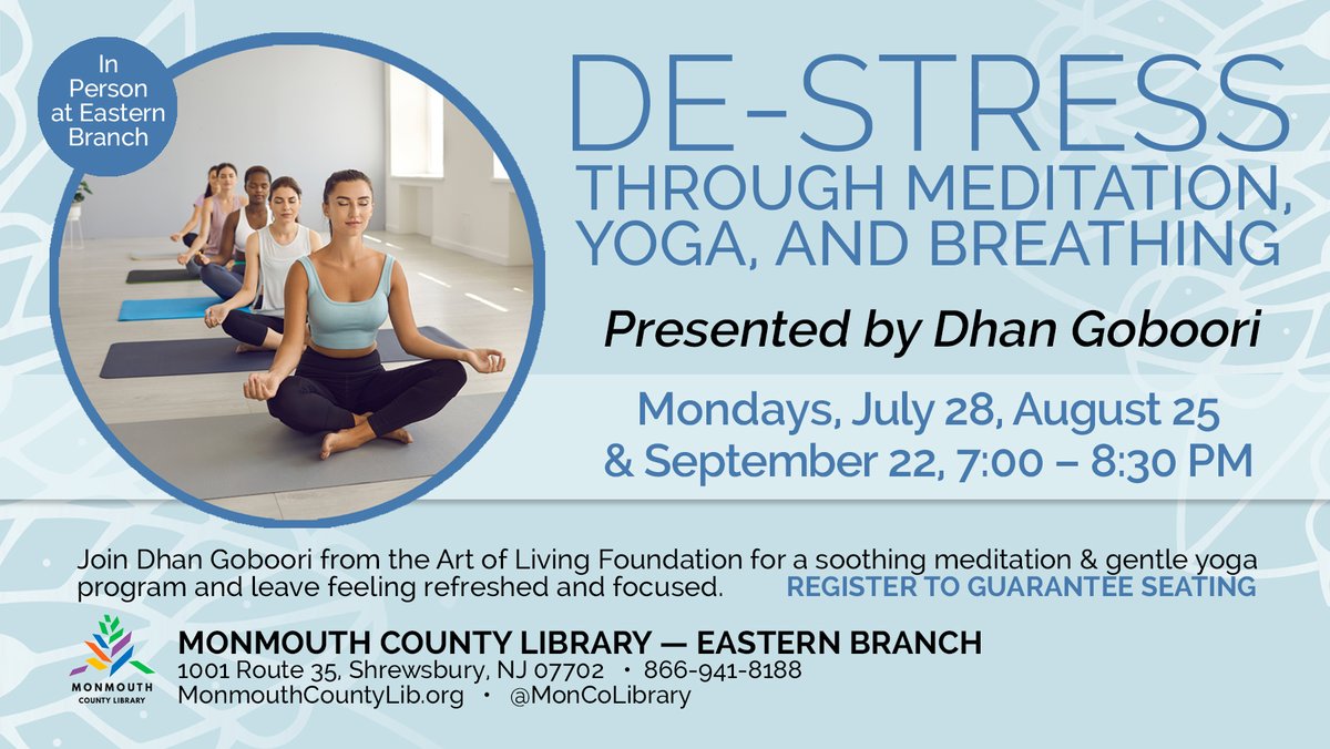 Relax. Reset. Recenter. Join us for a quiet evening of yoga and meditation.

#monmouthcountylibrary #moncolibrary #destress #yoga #meditation #meditationmonday #mindfulness #relax