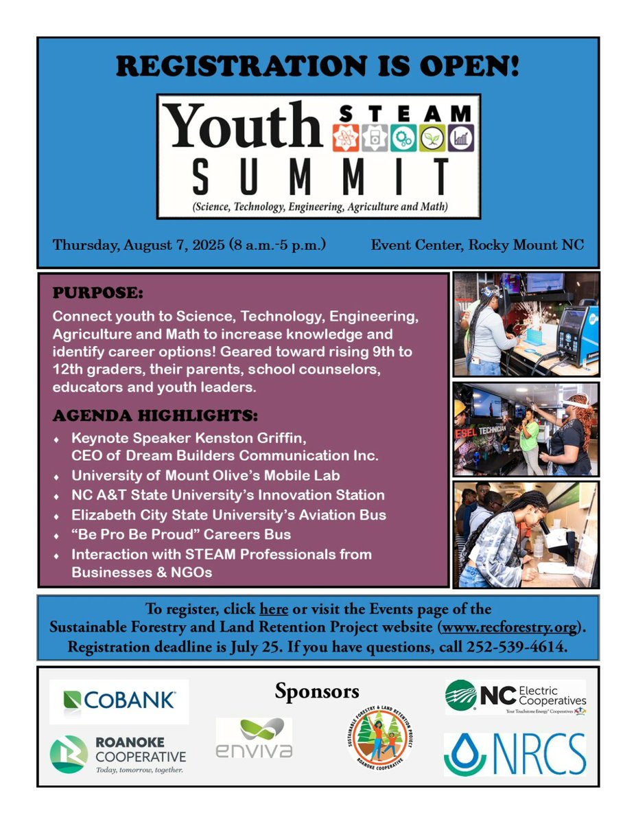 Connect youth to Science, Technology, Engineering, Agriculture, &amp; Math to increase knowledge &amp; identify career options at the Youth STEAM Summit this August!
Hear from exhibitors in STEM, natural resources, agricultural agencies, colleges, &amp; universities.
roanokecooperative.com/roanoke-sustai…