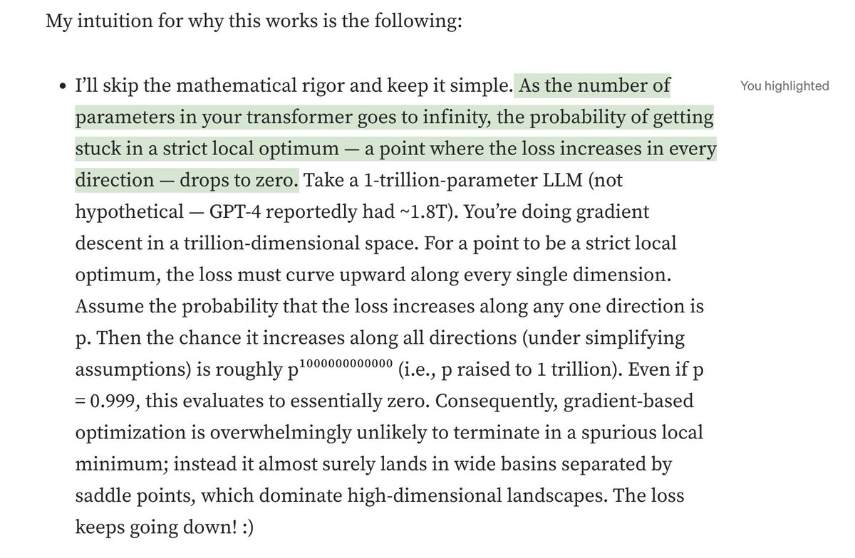 This is a really great point and something I totally forgot about. I've been often thinking there may be future optimization algorithms that may deviate from SGD or be something of a hybrid approach. However if you keep stacking parameters local minima are less of an enemy