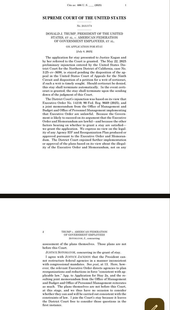 Another huge win for President Trump. It turns out that the President does wield the executive power. The Supreme Court 8-1 stayed an order purporting to stop President Trump's efforts to reorganize and right-size the Executive Branch. Only Justice Jackson dissents