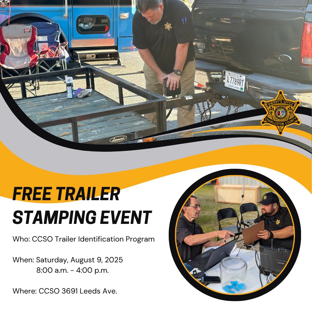 ChasCoSheriff's tweet image. FREE TRAILER STAMPING | Detectives with the Charleston County Sheriff's Office will host a free trailer stamping event on Saturday, August 9, 2025, from 8 a.m. to 4 p.m. at the agency’s Law Enforcement Center in North Charleston. #CCSO