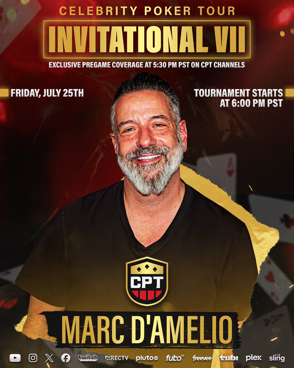 Celebrity Poker Tour (@celebpokertour) on Twitter photo 🚨 <a href="/marcdamelio/">Marc D'Amelio</a> is BACK for INVITATIONAL VII 🚨
You can watch LIVE JULY 25th at 6pm PT on the Celebrity Poker Tour YouTube! 🏆
Also tune in for exclusive pregame coverage on CPT channels at 5:30pm PT 🎥 🚨 <a href="/marcdamelio/">Marc D'Amelio</a> is BACK for INVITATIONAL VII 🚨
You can watch LIVE JULY 25th at 6pm PT on the Celebrity Poker Tour YouTube! 🏆
Also tune in for exclusive pregame coverage on CPT channels at 5:30pm PT 🎥