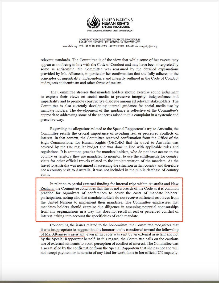 Hillel Neuer (@hillelneuer) on Twitter photo 2/ The UN committee that investigated our complaint found that <a href="/FranceskAlbs/">Francesca Albanese, UN Special Rapporteur oPt</a> DID take “external funding” (from pro-Hamas groups like AFOPA) to travel for an anti-Israel lobbying in Australia & New Zealand.
And that her taking external money for UN work was “inappropriate.” 2/ The UN committee that investigated our complaint found that <a href="/FranceskAlbs/">Francesca Albanese, UN Special Rapporteur oPt</a> DID take “external funding” (from pro-Hamas groups like AFOPA) to travel for an anti-Israel lobbying in Australia & New Zealand.
And that her taking external money for UN work was “inappropriate.”