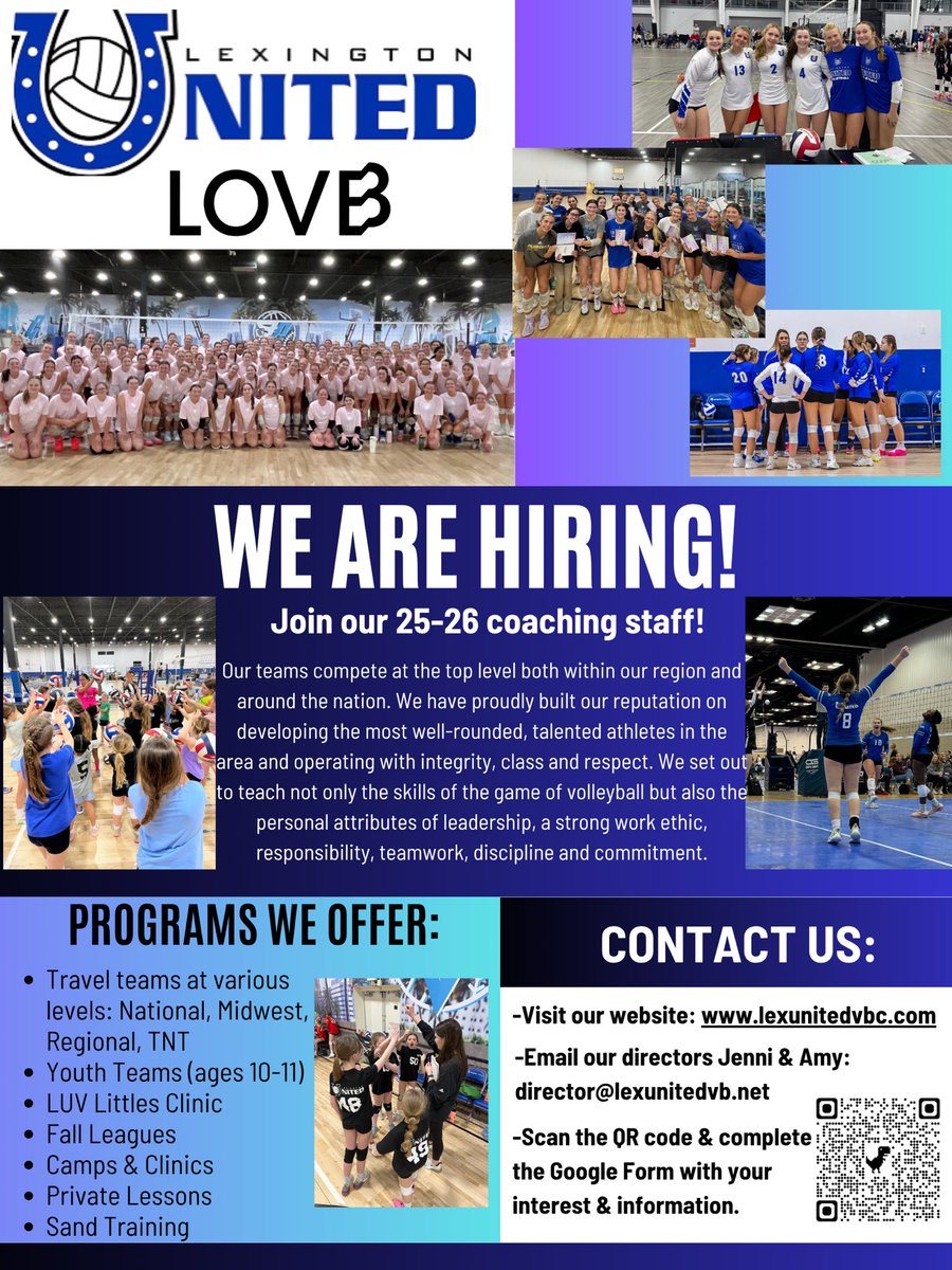 🚨JOIN OUR TEAM!🚨

Lexington United is currently hiring head coaches, assistant coaches, &amp; coaches for camps, clinics, &amp; private lessons! 
Scan the QR code below to fill out our interest form, &amp; email you resume to our directors Jenni &amp; Amy! 
We look forward to hearing from you!