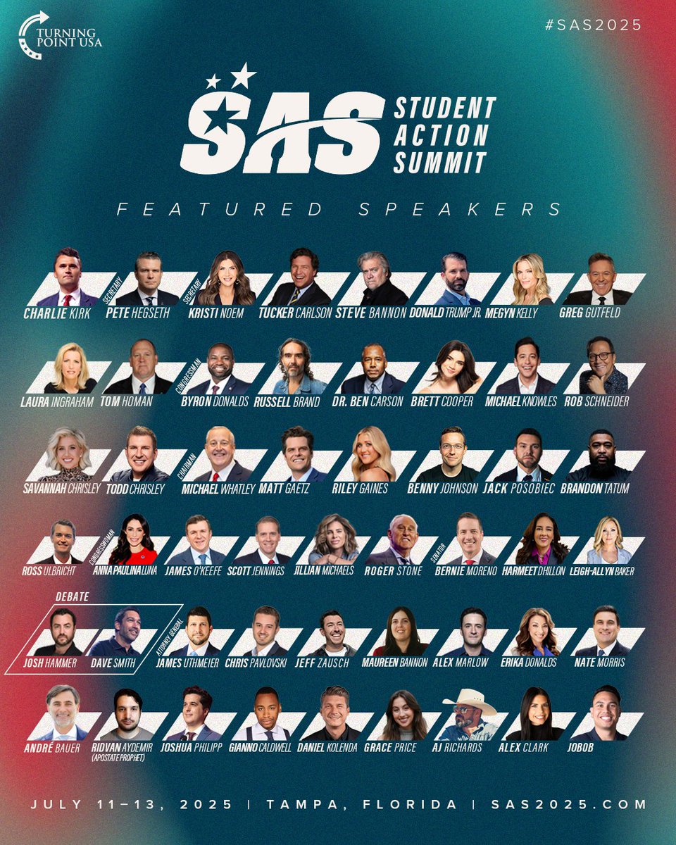 TPUSA's tweet image. The latest speaker drop for SAS 2025 is here! 🔥
Join us at the BIGGEST student event in the conservative movement: sas2025.com/?utm_source=so…