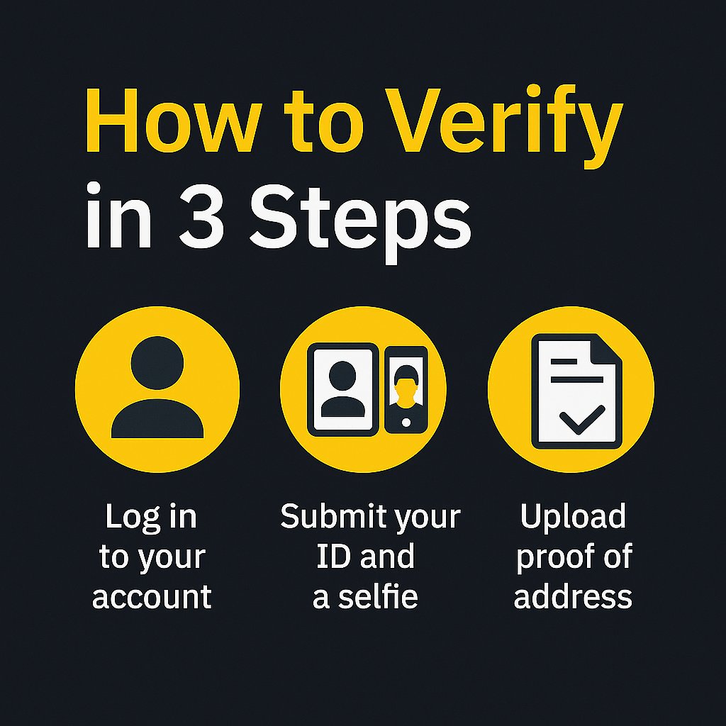 How to Verify in 3 Steps 🪪 

New to Binance? Here's how to verify your ID:  
Log in &gt; Go to [Identification]  
Submit your ID + take a selfie 🤳  
Upload proof of address (like a utility bill) 

Done! Review usually takes 1-2 days ⏱️