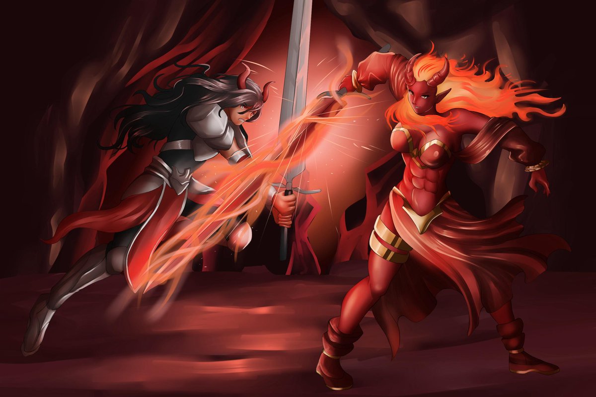 “When pride meets precision.” ⚔️🔥
Vanna and Shuelat collide in a volcanic duel speed, ego, and fire unleashed.
Art for <a href="/Mr_GuyManDude/">Mr_GuyManDude (FIRE Arc)🍉</a> 🎨
See more: x.com/NexusArts0

#digitalart #fantasyart #characterdesign #originalconceptart #warriors #firevsdarkness