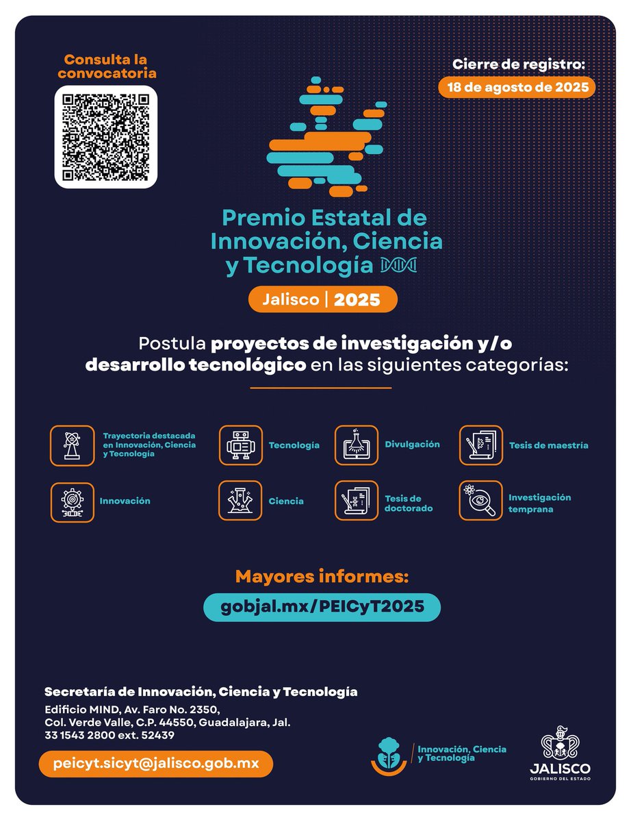 Participa en el Premio Estatal de Innovación, Ciencia y Tecnología, Jalisco 2025, postula proyectos de investigación y/o desarrollo tecnológico.

Cierre de registro: 18 de agosto de 2025 acortar.link/oOJfrf