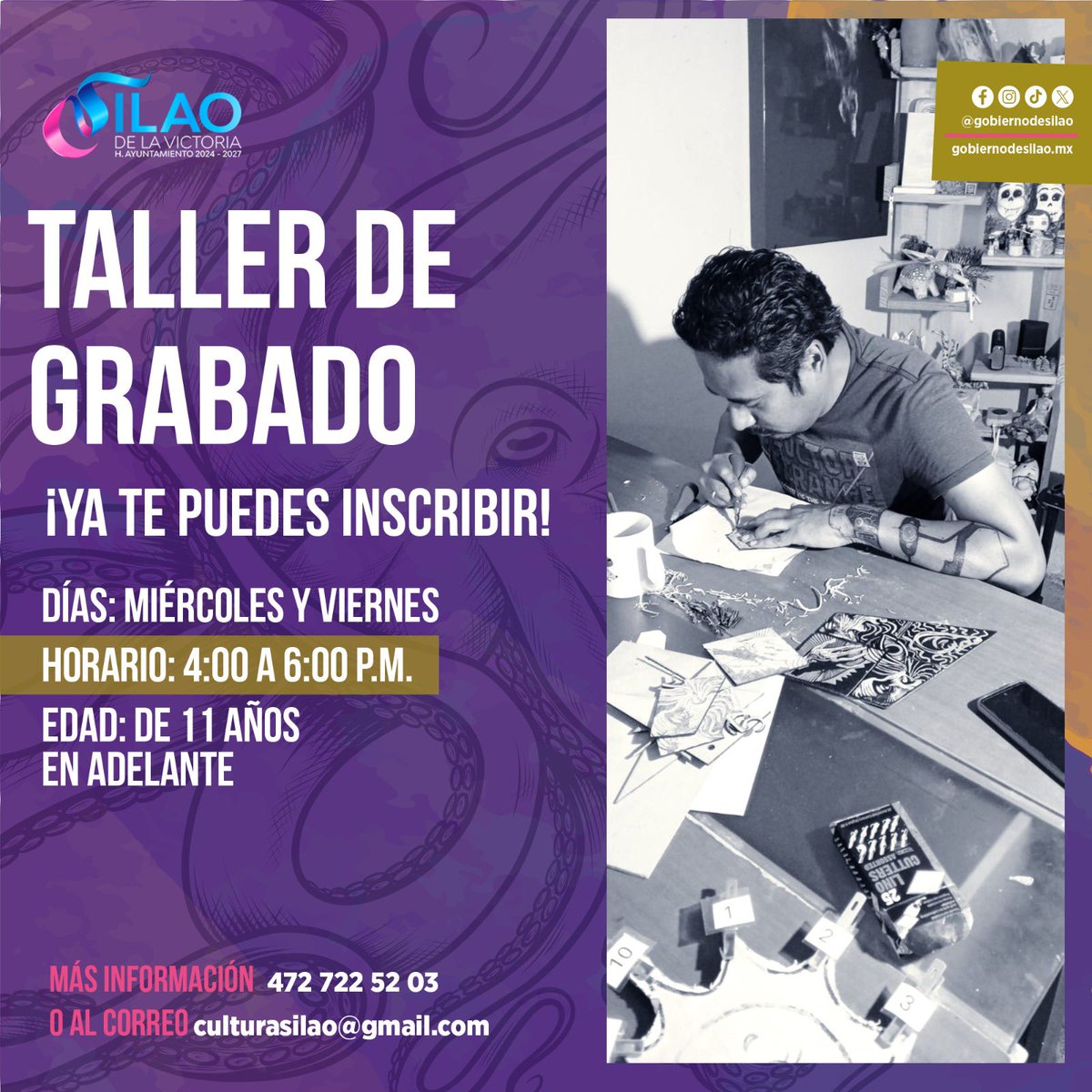 ¡Ya te puedes inscribir en el taller de grabado!
Se imparte miércoles y viernes en la #CasaDeLaCultura.