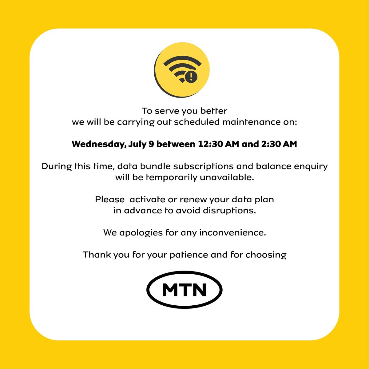 MTN180's tweet image. Scheduled Maintenance!