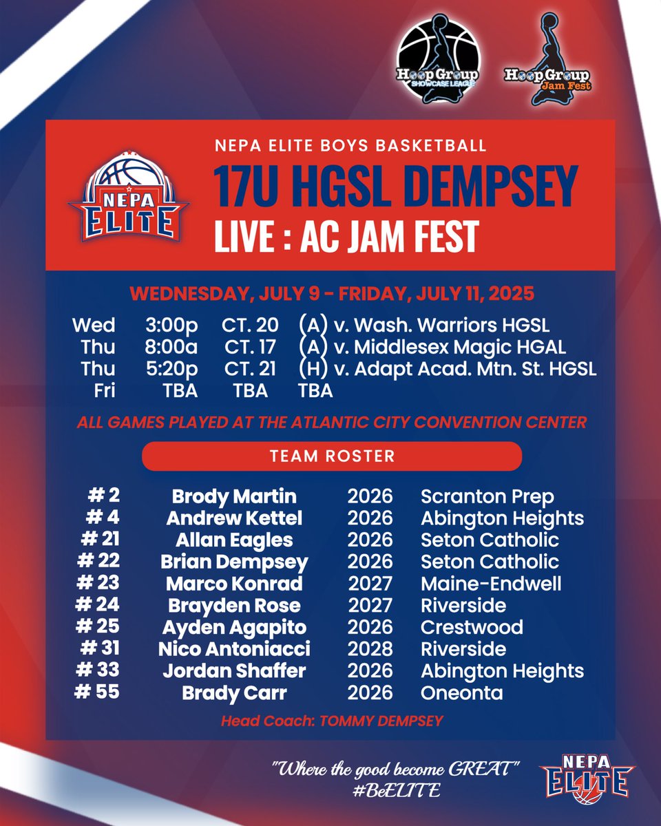 NEPA Elite Basketball (@nepa_elite) on Twitter photo 17U HGSL Dempsey | <a href="/TheHoopGroup/">Hoop Group</a> AC Jam Fest
📆 July 9-11
📍 Atlantic City, N.J.
LIVE Schedule ⬇️
👥 : <a href="/Brody_martin12/">Brody Martin</a> <a href="/andrew_kettel14/">Andrew Kettel</a> <a href="/AllanEagles/">Allan Eagles</a> <a href="/brian_dempsey5/">Brian Dempsey</a> <a href="/BraydenRose_1/">Brayden Rose</a> <a href="/MarcoK1022/">Marco Konrad</a> <a href="/aydenagapito25/">Ayden Agapito</a> <a href="/AntoniacciNico/">Nico Antoniacci</a> <a href="/jordanshaffer0/">Jordan Shaffer</a> <a href="/Brady__Carr/">BCarr4</a>
📲 Coach <a href="/tadempsey4/">Tommy Dempsey</a> 17U HGSL Dempsey | <a href="/TheHoopGroup/">Hoop Group</a> AC Jam Fest
📆 July 9-11
📍 Atlantic City, N.J.
LIVE Schedule ⬇️
👥 : <a href="/Brody_martin12/">Brody Martin</a> <a href="/andrew_kettel14/">Andrew Kettel</a> <a href="/AllanEagles/">Allan Eagles</a> <a href="/brian_dempsey5/">Brian Dempsey</a> <a href="/BraydenRose_1/">Brayden Rose</a> <a href="/MarcoK1022/">Marco Konrad</a> <a href="/aydenagapito25/">Ayden Agapito</a> <a href="/AntoniacciNico/">Nico Antoniacci</a> <a href="/jordanshaffer0/">Jordan Shaffer</a> <a href="/Brady__Carr/">BCarr4</a>
📲 Coach <a href="/tadempsey4/">Tommy Dempsey</a>
