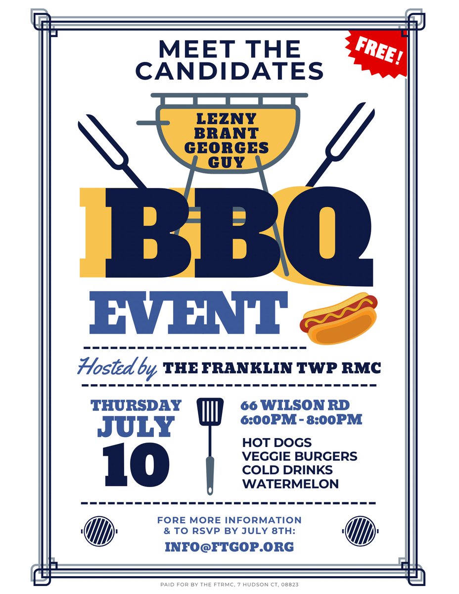 SomersetCoGOP's tweet image. We’re excited to announce our Day of Action in Franklin Township this Thursday, July 10th! The SCRO candidates will be joining locals for a door-knocking effort at 3:00 PM, followed by a fun and relaxing BBQ starting at 6:00 PM. Join us!