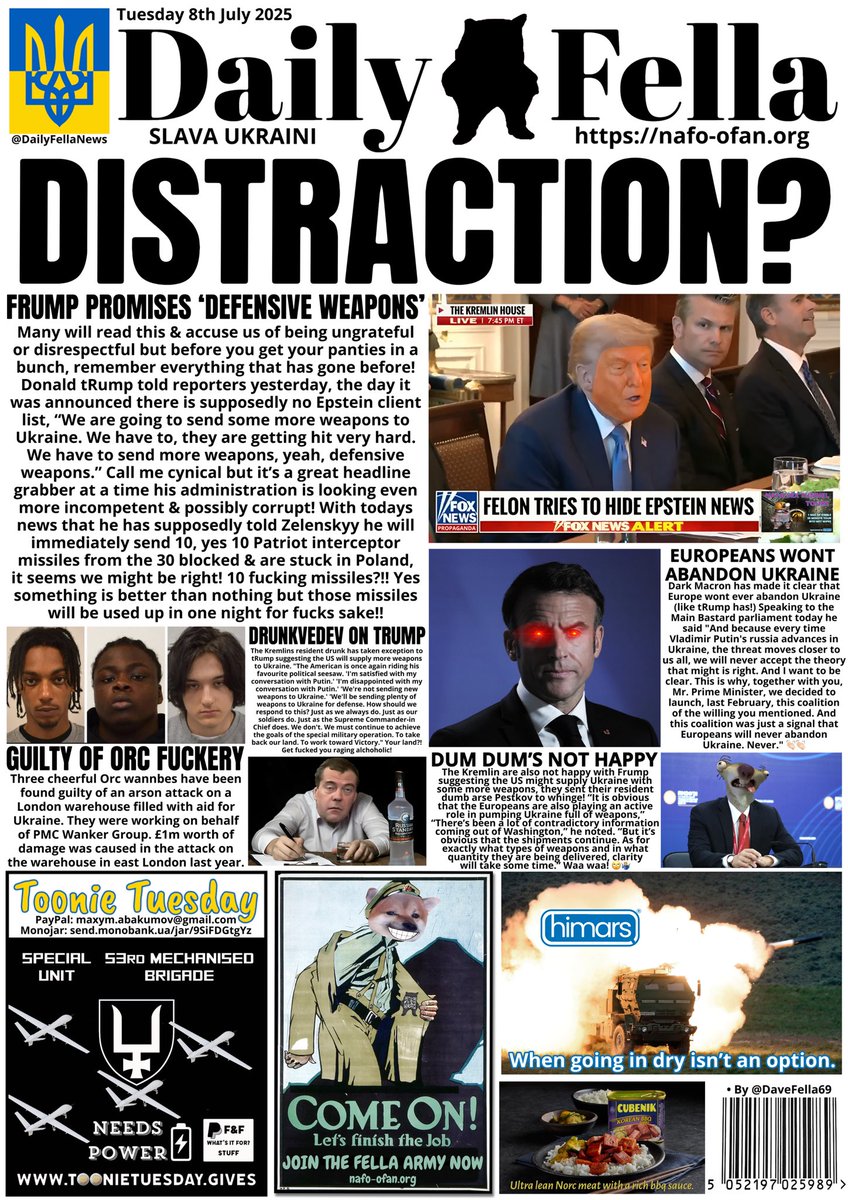 It’s #ToonieTuesday &amp; it’s Daily Fella time. So before you read anything please send over some toonies.
Is tRump hiding something with Ukraine weapons promise, russia sends out resident idiots &amp; Macron doubles down. 

#DailyFella #DailyFellaNews #SlavaUkraini #NAFO