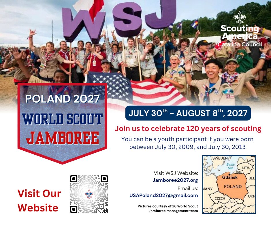 🌍 The 2027 World Scout Jamboree is heading to Poland! Scouts ages 14–17 can join 45,000+ participants from 140+ countries. U.S. Contingent size locks in Oct 2025 — don’t miss out!
🔗 wsj2027.us
#WSJ2027 #ScoutingAmerica #Poland2027 #WorldScouting