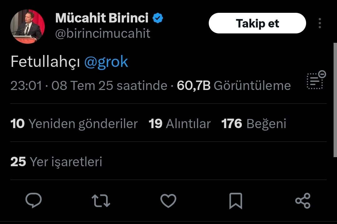 AKP’li Mücahit Birinci, X’in yapay zekası Grok’u FETÖ’cü olmakla suçladı.