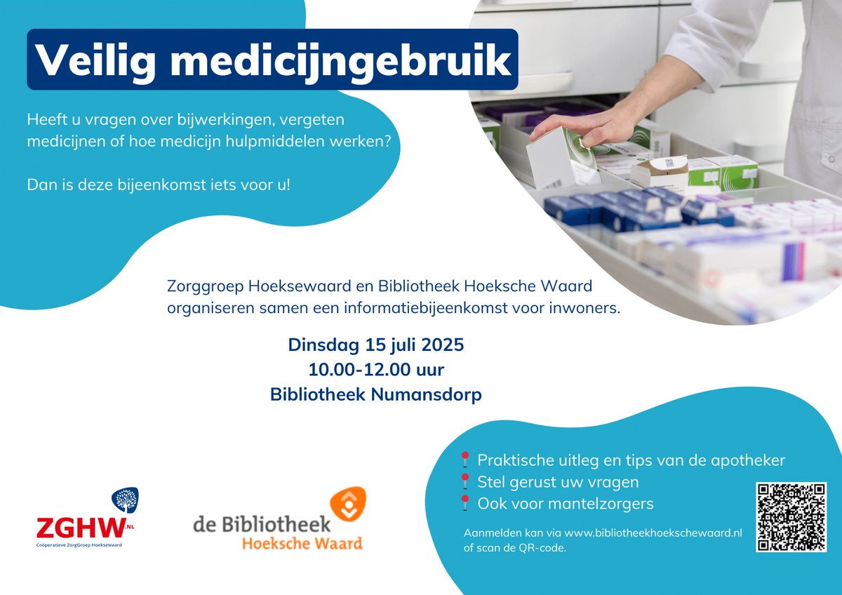 💊 Veilig medicijngebruik begint met goede informatie.

📅 Dinsdag 15 juli 2025
 🕙 10.00 – 12.00 uur
 📍 Bibliotheek Numansdorp

 ✅ Duidelijke uitleg
 ✅ Veilig en laagdrempelig
 ✅ Gratis deelname
📲 Aanmelden kan via: lnkd.in/dgDH5fh