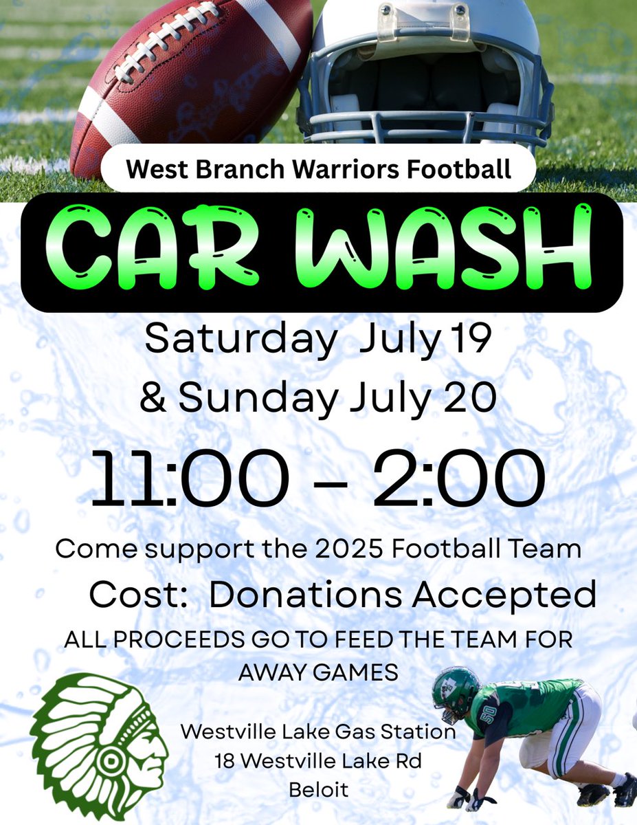 The West Branch Football Team will be having a Car Wash fundraiser on July 19th and 20th. Please see the details below. We appreciate the support of the community