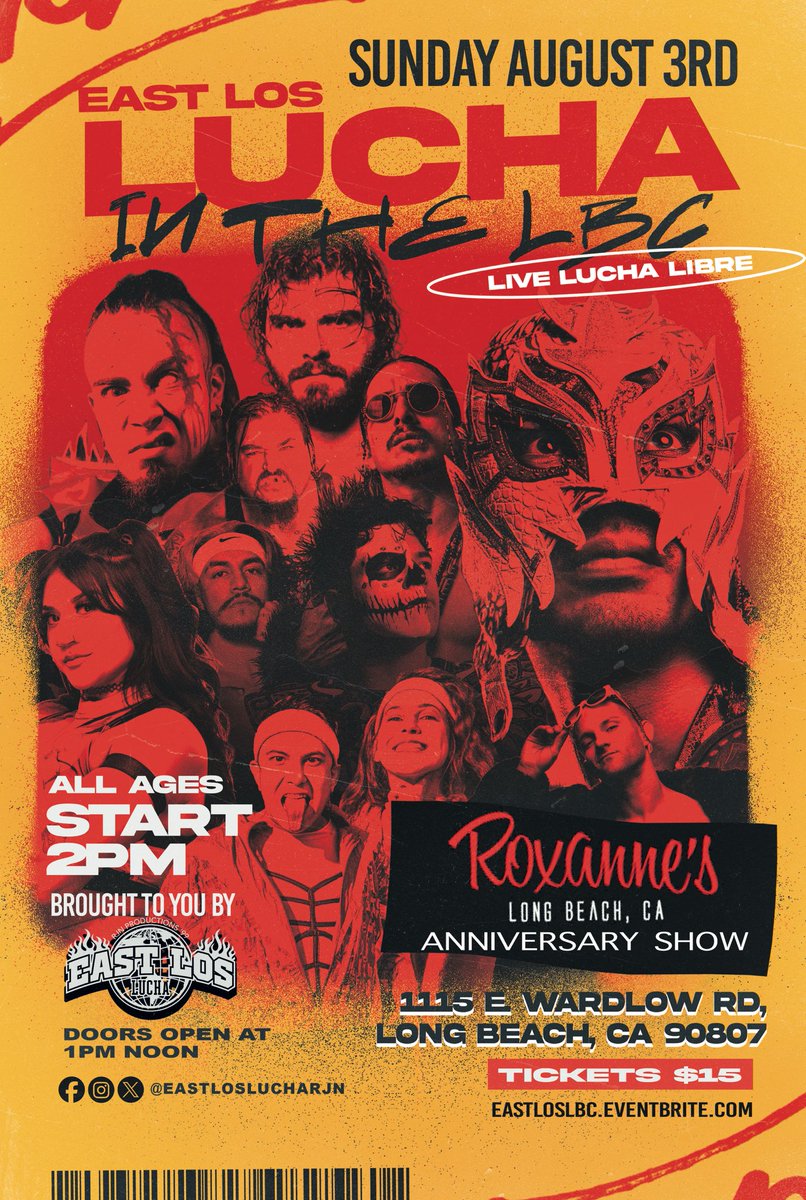 🚨SHOW ANNOUNCEMENT🚨

August 3rd, at Roxanne’s Bar in Long Beach
East Los Lucha presents East Los Lucha in the LBC🔥

🎟️ eastloslbc.eventbrite.com