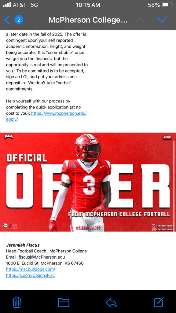 Phoenix Robertson (@phoenixrob27) on Twitter photo I am thankful to receive my second offer from McPherson, thank you <a href="/CoachJFisc/">Coach Fiscus</a> .
<a href="/Trench_CoachJJ/">Coach JJ Jennings</a> <a href="/CoachTruFB/">Coach Matt Trujillo</a> <a href="/EdnaCowboy_FB/">Edna Cowboy Football</a> <a href="/RecruitEdna/">Edna Recruiting</a> <a href="/DannyLockhartS1/">Coach Danny Lockhart Football/Boxing/MMA</a> <a href="/coach_jdixon/">Jamie Dixon</a> I am thankful to receive my second offer from McPherson, thank you <a href="/CoachJFisc/">Coach Fiscus</a> .
<a href="/Trench_CoachJJ/">Coach JJ Jennings</a> <a href="/CoachTruFB/">Coach Matt Trujillo</a> <a href="/EdnaCowboy_FB/">Edna Cowboy Football</a> <a href="/RecruitEdna/">Edna Recruiting</a> <a href="/DannyLockhartS1/">Coach Danny Lockhart Football/Boxing/MMA</a> <a href="/coach_jdixon/">Jamie Dixon</a>