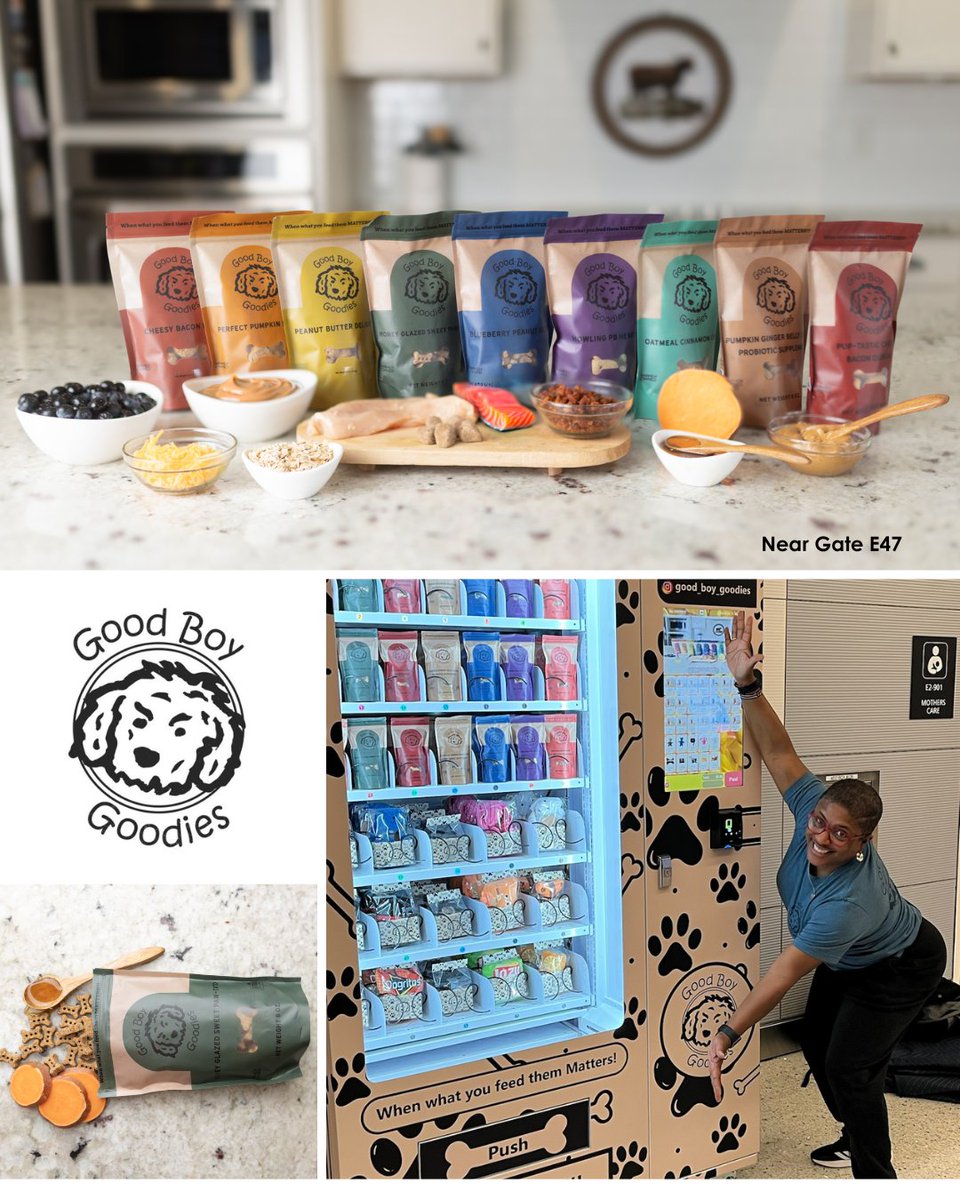 Reagan_Airport's tweet image. Attention all pet parents! Treat your furry friends to wholesome baked dog treats from Good Boy Goodies, offered in tail-wagging flavors like Honey-Glazed Sweet Paw-Tato and Blueberry Peanut Butter. You can find these premium treats and pet toys in the new vending unit by Gate…