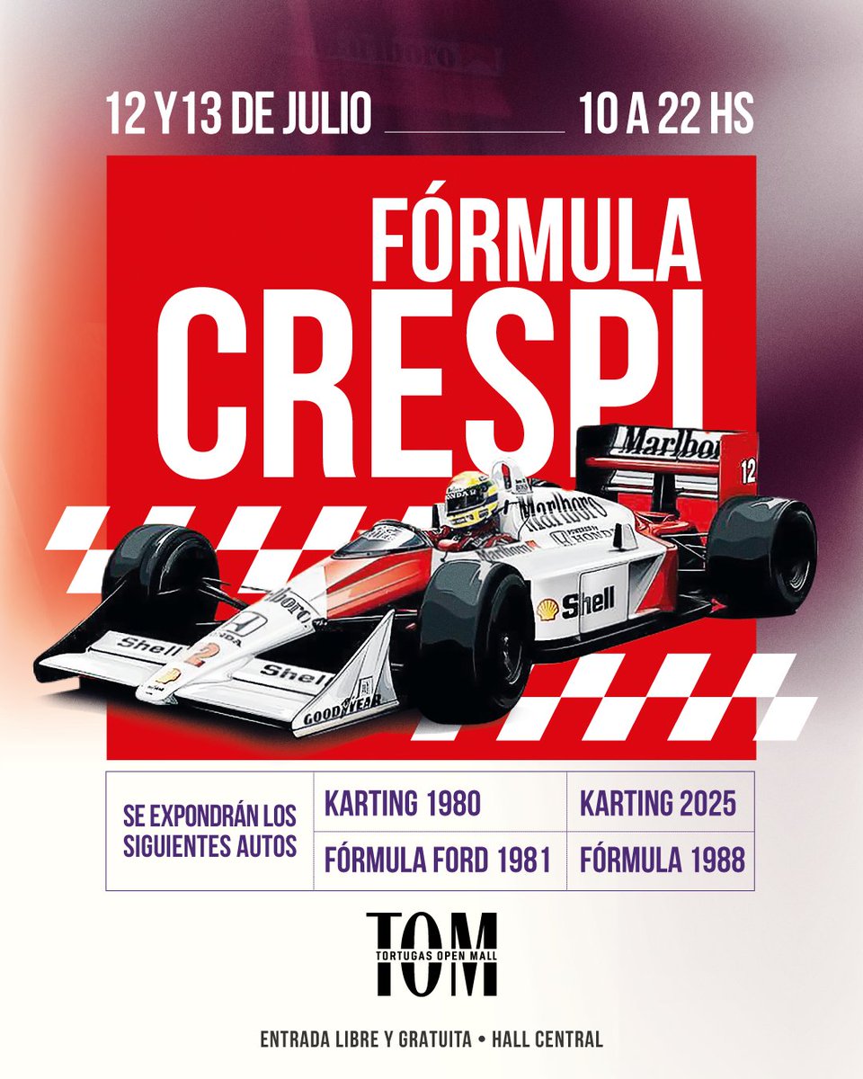 🏁 ¡Vuelve la Expo Crespi a TOM!
📅 12 y 13 de julio | 🕙 10 a 22 h
📍 Hall Central

Recorré “El Camino de la F1” con #CrespiFormulaConcept y los autos icónicos de #AyrtonSenna.
Karting 1980, F. Ford 1981, Karting 2025 y F.1988.

¿Venís?  🏎️