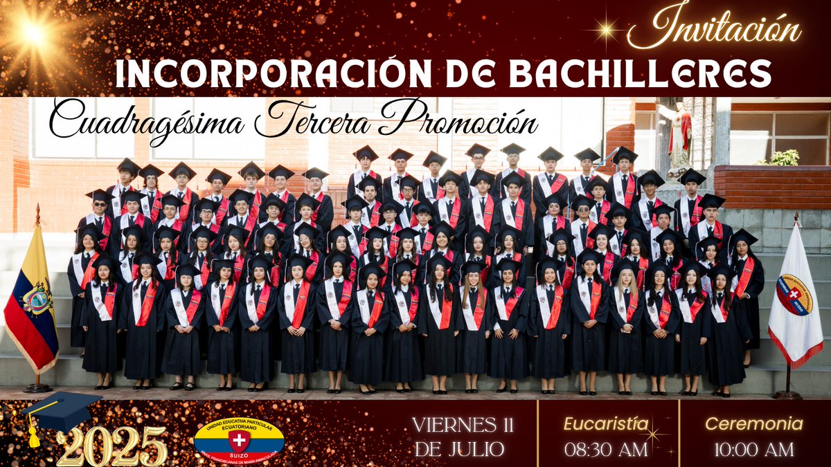 Uepsuizo's tweet photo. 🎓Acompáñanos a la Incorporación de la Promoción 2024-2025, y juntos celebrar la dedicación y los sueños de nuestros nuevos bachilleres 👩🎓🧑🎓.
#ecuatorianosuizo #Promoción2025 #IncorporaciónBachilleres #grados2025 https://t.co/YRn6KM5pNa