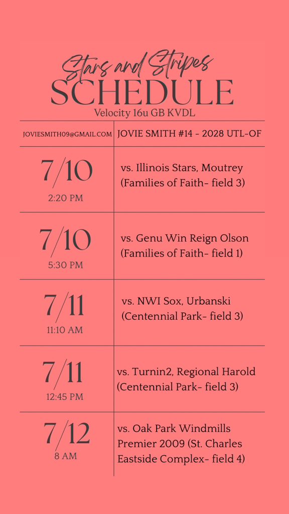 Jovie Smith (@joviesmith14) on Twitter photo Here’s my teams schedule for the Stars and Stripes tournament this weekend!👇🏻
<a href="/Velocity_GB/">Velocity Performance Training</a> <a href="/Velo_Softball/">Velocity Softball</a> Here’s my teams schedule for the Stars and Stripes tournament this weekend!👇🏻
<a href="/Velocity_GB/">Velocity Performance Training</a> <a href="/Velo_Softball/">Velocity Softball</a>