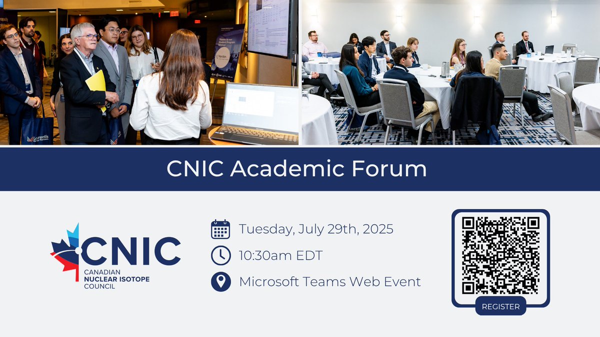 IsotopesCanada's tweet image. Don't forget to register to join us on July 29th for the CNIC Academic Forum.
The Academic Forum provides an opportunity for academic & industry leaders to engage and collaborate to support the continued growth of Canada's isotope sector.
Register here: events.teams.microsoft.com/event/00cce9fb…