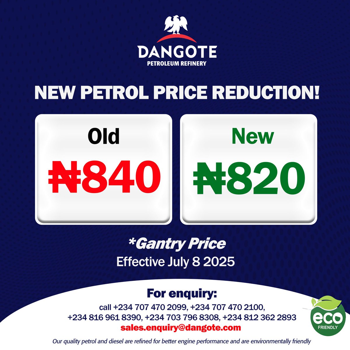 Dangote Refinery Delivers a Breath of Relief!

From ₦840-₦820, a symbolic but significant move as local refining begins to ease pressure on fuel prices
Effective July 8, 2025, Gantry Price drops, showing that Made-in-Nigeria energy is finally taking shape

A small cut, but a