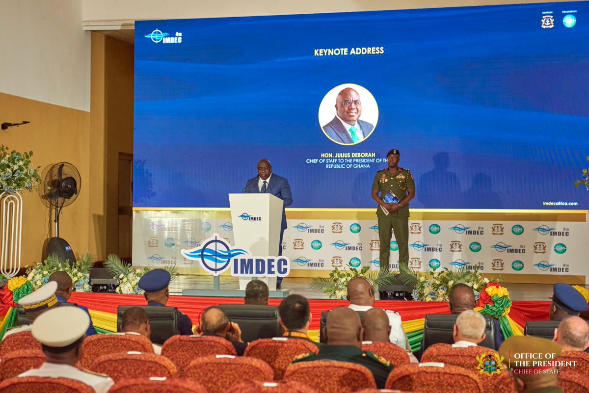 JDebrahofficial's tweet image. At #IMDEC2025
“The blue economy is our next frontier.” -
CoS, Julius Debrah delivers speech on behalf of H.E John Mahama
Ghana is ready to lead West Africa’s maritime transformation.
#IMDEC2025 #GhanaLeads #MaritimeSecurity