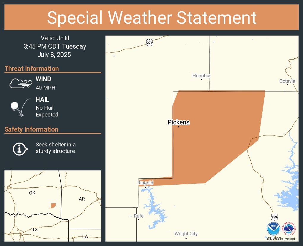 A special weather statement has been issued for Pickens OK until 3:45 PM CDT