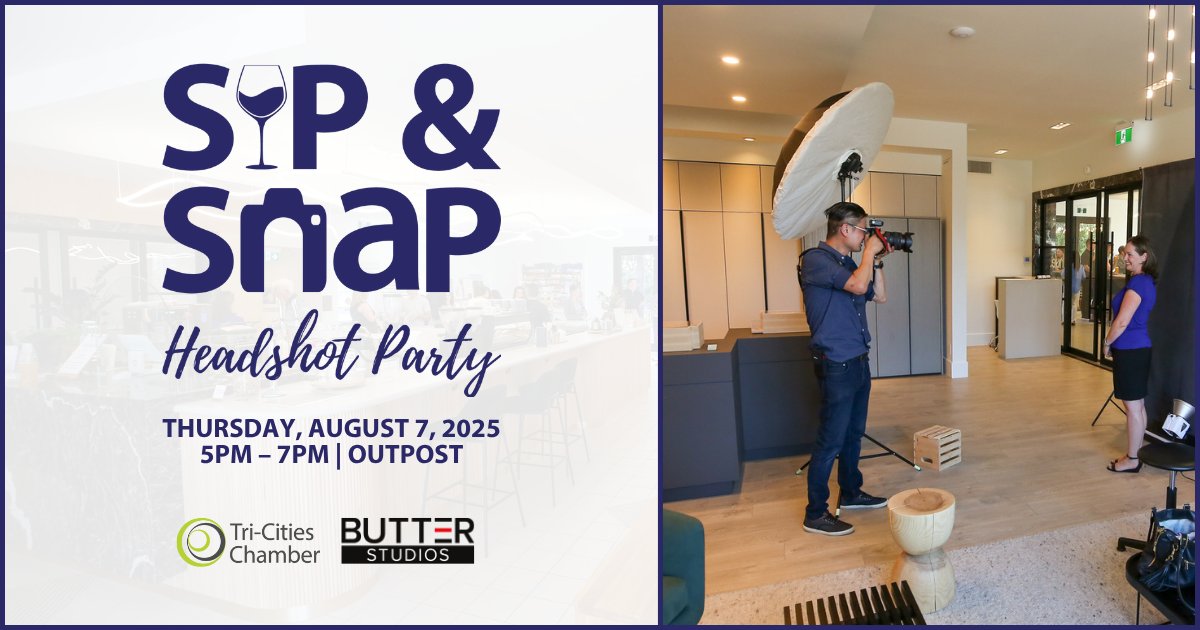 Ready to show up and stand out? 💼📸

Join us for Sip &amp; Snap to mingle with fellow #TriCities professionals, make new connections, and stop by the <a href="/ButterStudios/">Butter Studios</a>  headshot station for a free web-sized portrait.

📅 August 7 | 5 – 7PM
🎟 bit.ly/3I1Nbnv