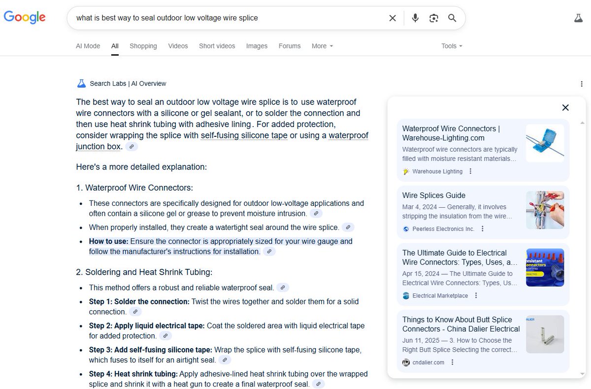 TechFundies's tweet image. Just had my first $GOOGL AI search experience where they nailed it (meaning both good AI search results for me, and good monetization results for their business).
Searched for best way to splice an underground wire.
It showed me various techniques.
I clicked on the link for…