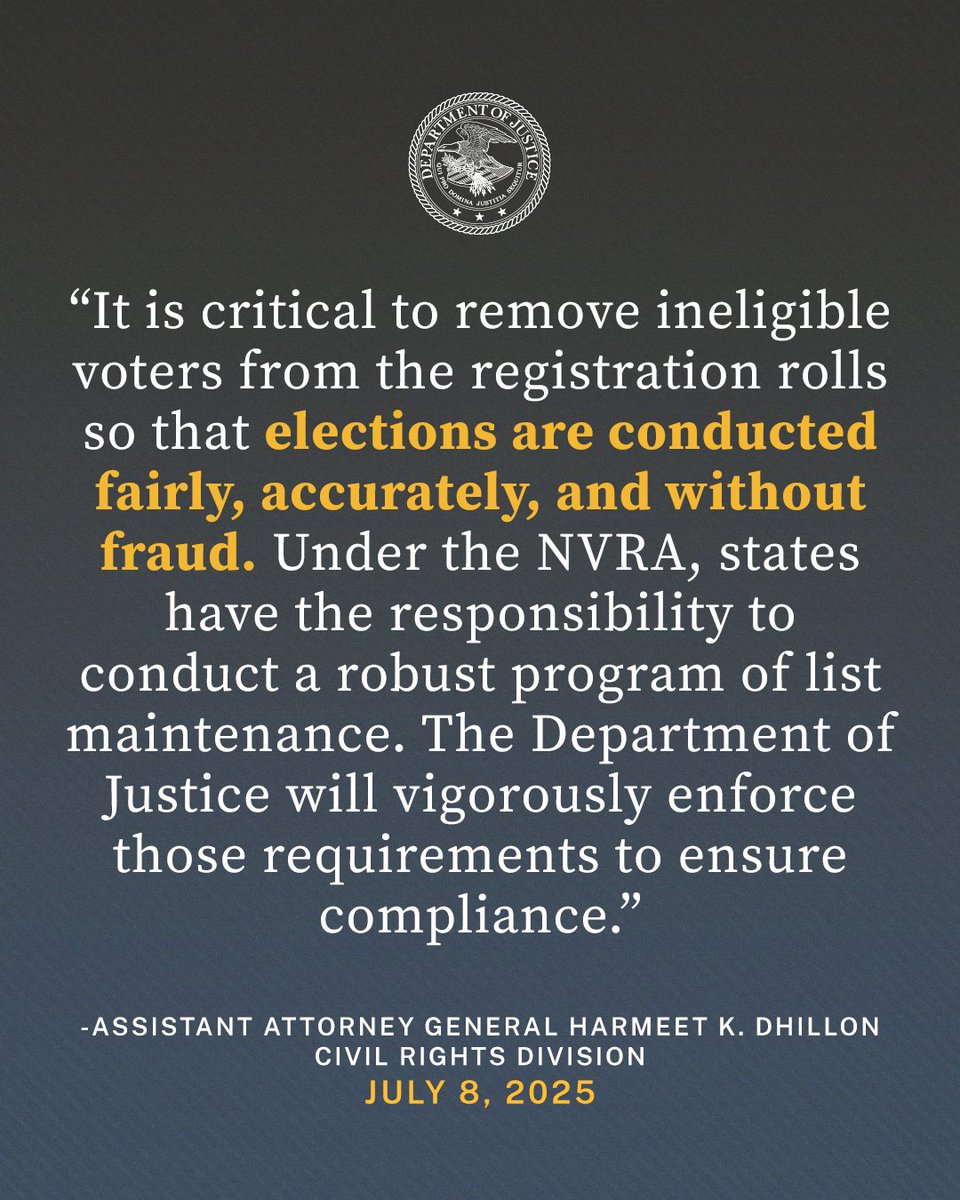 CivilRights's tweet image. Justice Department Files Statement of Interest in Illinois Case Concerning States’ Obligations Under the National Voter Registration Act
🔗: justice.gov/opa/pr/justice…