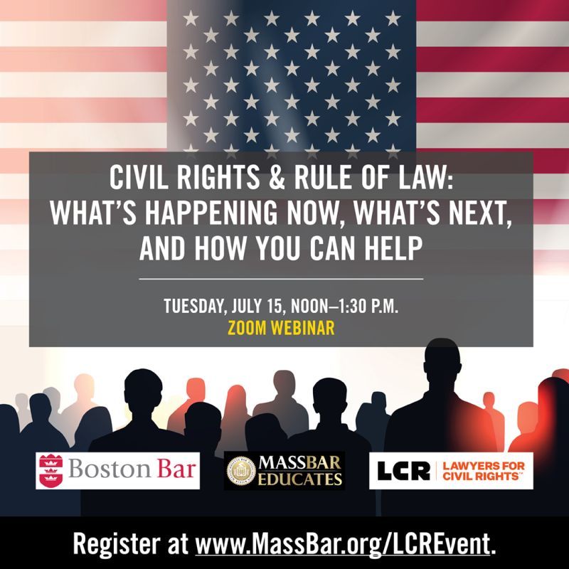 BostonBar (@bostonbar) on Twitter photo 📢 Join us, <a href="/MassBar/">Massachusetts Bar Association</a>, and <a href="/LCRBOSTON/">Lawyers for Civil Rights</a> on July 15, for a critical webinar on the state of #civilrights and the rule of law! We'll shed light on how today’s pressing civil rights issues are being litigated, what lies ahead, and how to help. Register today at MassBar.org/LCREvent 📢 Join us, <a href="/MassBar/">Massachusetts Bar Association</a>, and <a href="/LCRBOSTON/">Lawyers for Civil Rights</a> on July 15, for a critical webinar on the state of #civilrights and the rule of law! We'll shed light on how today’s pressing civil rights issues are being litigated, what lies ahead, and how to help. Register today at MassBar.org/LCREvent