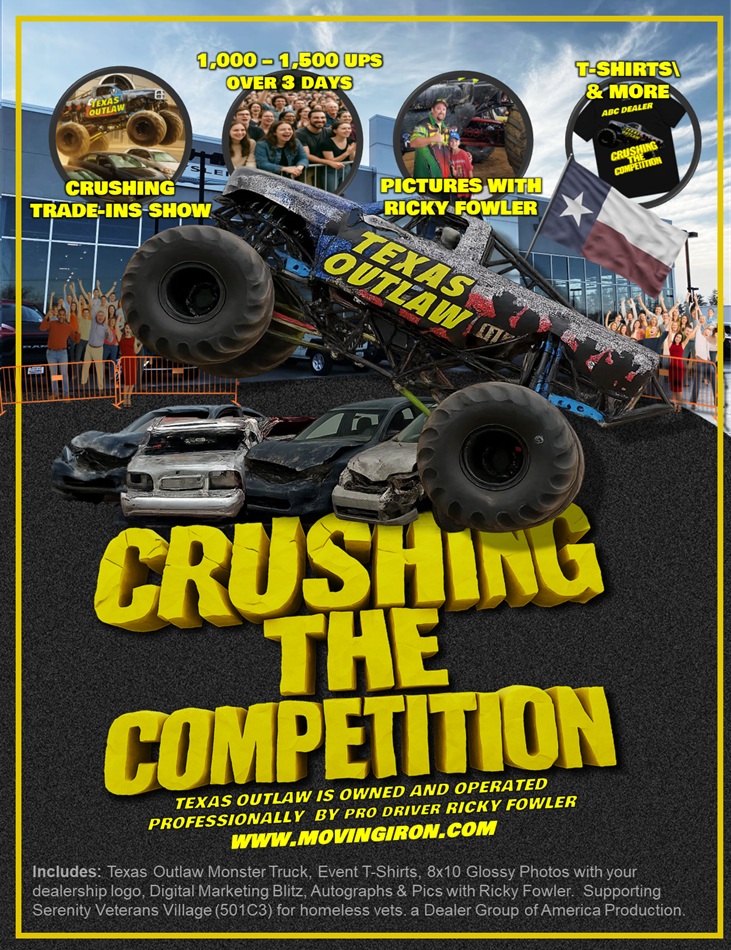 TexasStokes's tweet image. 🚨 ATTENTION CAR DEALERS 🚨
ARE YOU READY TO HOST 1,000 – 1,500 PEOPLE OVER 4 DAYS?! #MonsterTruckEvent #TexasOutlaw #RickyFowler #CarSales #CrushingTheCompetition #MovingIron #DealerEvent #TexasOutlaw #BigTentEnergy #TomStokes #SellCarsNow #AutomotiveMarketing