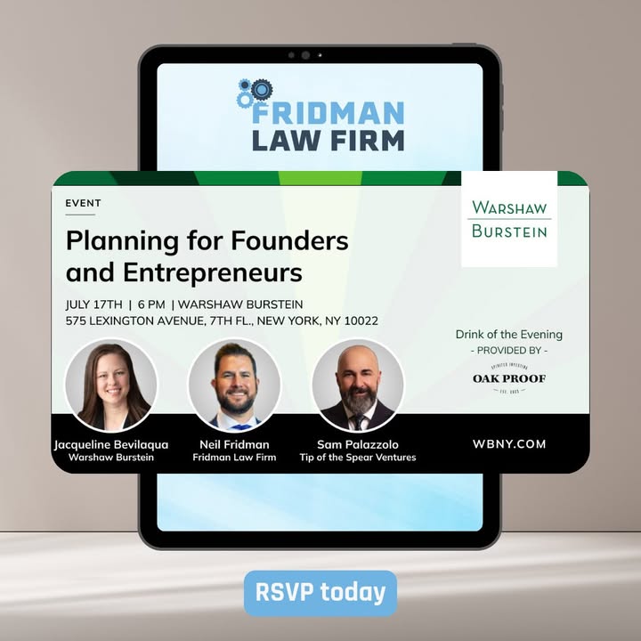 fridmanlawfirm's tweet photo. Founders: You’ve raised money. Hired fast. Scaled up.
Now what?
Join us July 17 @ 6PM in NYC for a discussion on how to structure your equity, protect your wealth, and prep for exit before it’s too late.
575 Lexington Ave, 7th Fl
Cocktails by Oak Proof
RSVP: esimmonds@wbny.com https://t.co/530oDiDBF1