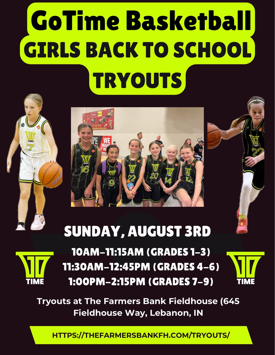 The Farmers Bank Fieldhouse (@thefarmersbfh) on Twitter photo ✅GOTIME BACK TO SCHOOL LEAGUE TRYOUTS✅ <a href="/GoTimeBB/">GoTimeBasketball</a>
🗓️ Sunday, August 3rd
10am-11:15am (Grades 1-3)
11:30am-12:45pm (Grades 4-6)
1:00pm-2:15pm (Grades 7-9)
📍@thefarmersbankfh (645 Fieldhouse Way, Lebanon, IN, 46052)
🔗 Registration & More Info: thefarmersbankfh.com/tryouts/ ✅GOTIME BACK TO SCHOOL LEAGUE TRYOUTS✅ <a href="/GoTimeBB/">GoTimeBasketball</a>
🗓️ Sunday, August 3rd
10am-11:15am (Grades 1-3)
11:30am-12:45pm (Grades 4-6)
1:00pm-2:15pm (Grades 7-9)
📍@thefarmersbankfh (645 Fieldhouse Way, Lebanon, IN, 46052)
🔗 Registration & More Info: thefarmersbankfh.com/tryouts/
