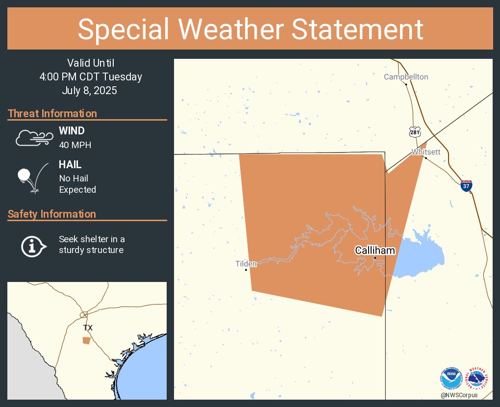 A special weather statement has been issued for Calliham TX until 4:00 PM CDT