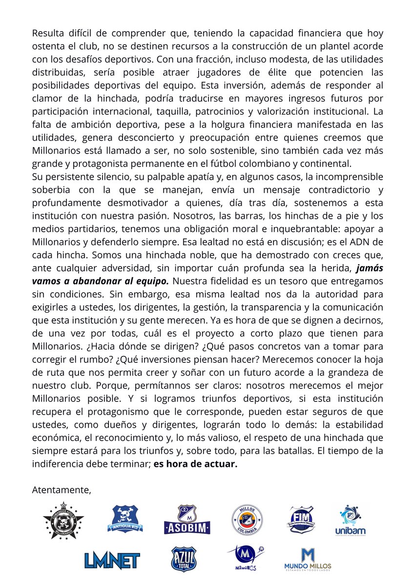 Las barras organizadas de Occidental y Oriental (más de 95 barras), Los Comandos Azules DC y los medios partidarios más importantes de <a href="/MillosFCoficial/">Millonarios FC</a> no estamos de acuerdo con la actual situación de Millonarios. Es el momento de actuar.  

#MillonariosEsSuHinchada